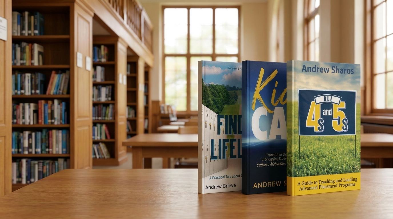 Andrew Sharos's three books, Finding Lifelines, Kids Can and All 4s and 5s, standing on a library table