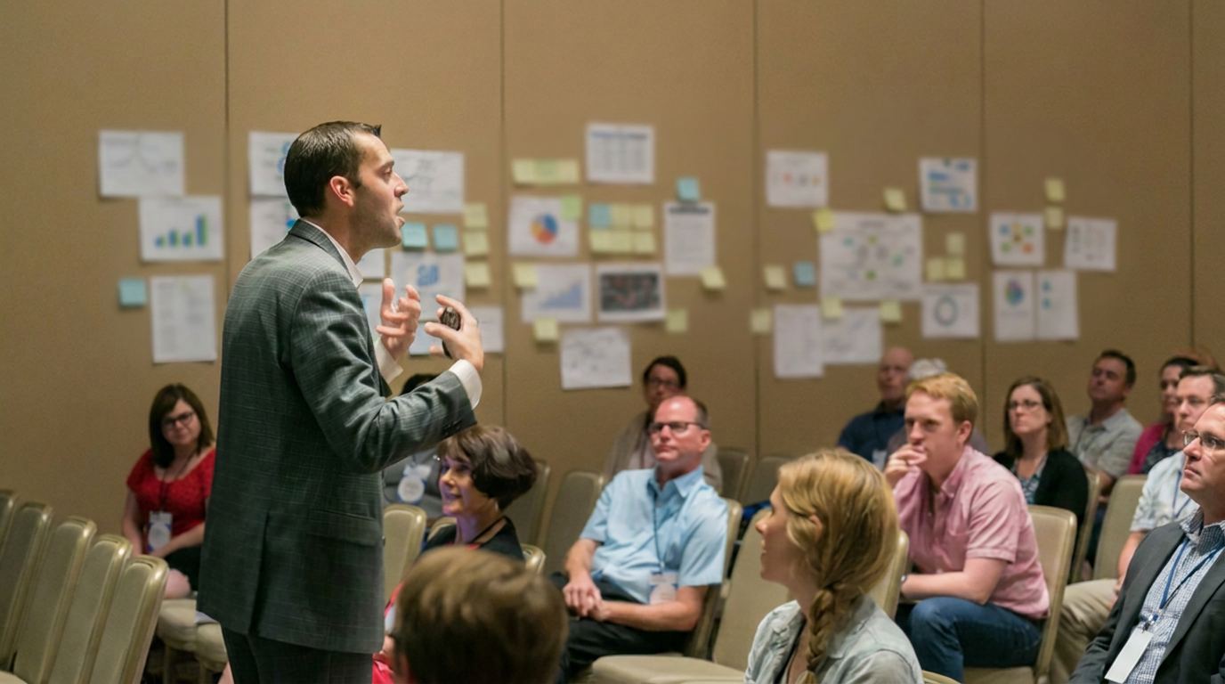 Andrew Sharos leading a workshop for a room of seated educators, with charts and sticky notes on the wall behind him