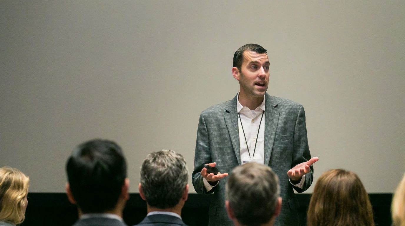 Andrew Sharos presenting to a room of educators, hands open mid-sentence, with the audience in the foreground